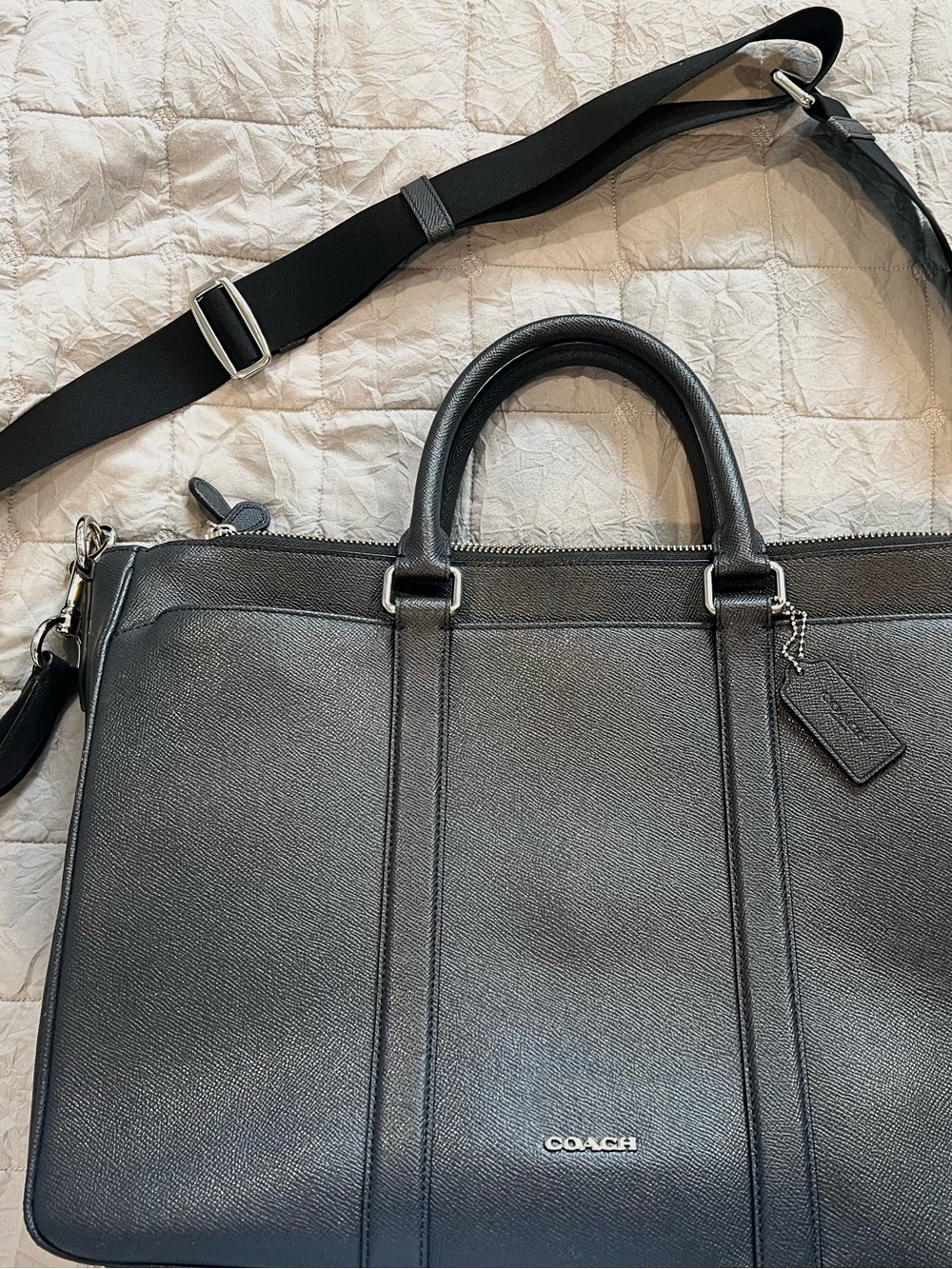 Coach Smoke Grey Pebbled Leather Men's Briefcase with Removable Shoulder Strap
